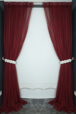 BAKLAVA BORDO RENK TEK KANAT Hazır dikilmiş Pileli Fon Perde 300*260 cm - 7