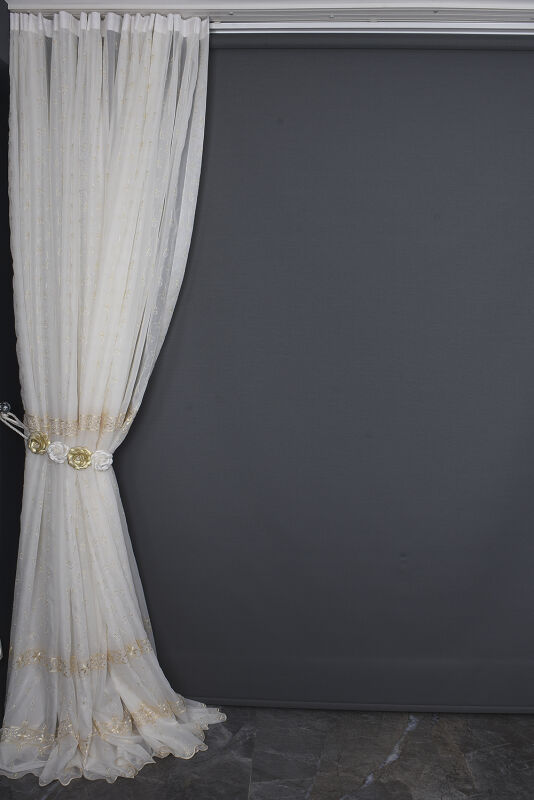 BRODE 1350 DESEN KREM RENK TEK KANAT Hazır dikilmiş Pileli Fon Perde 300*260 cm - 16