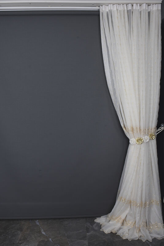 BRODE 1350 DESEN KREM RENK TEK KANAT Hazır dikilmiş Pileli Fon Perde 300*260 cm - 17