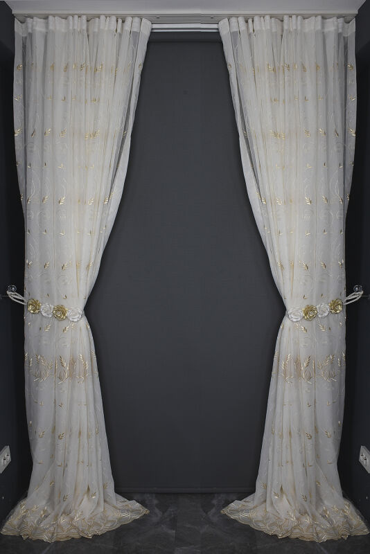 BRODE 2850 DESEN KREM RENK TEK KANAT Hazır dikilmiş Pileli Fon Perde 300*260 cm - 11