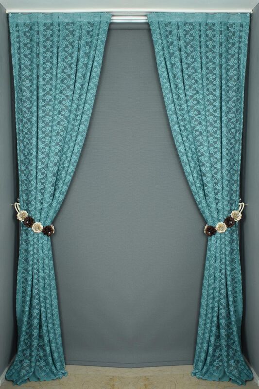 ÇİÇEK MODEL PETROL YEŞİLİ RENK TEK KANAT Hazır dikilmiş Pileli Fon Perde 75*260 cm - 6