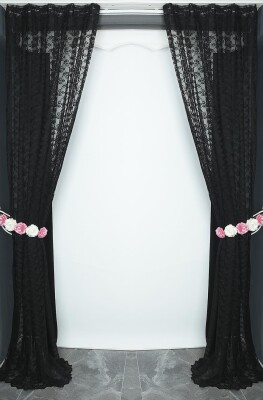 ÇİÇEK MODEL SİYAH RENK TEK KANAT Pileli Fon Perde 75*260 cm - 5