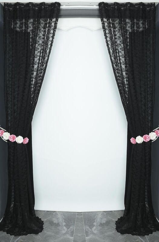 ÇİÇEK MODEL SİYAH RENK TEK KANAT Pileli Fon Perde 75*260 cm - 5