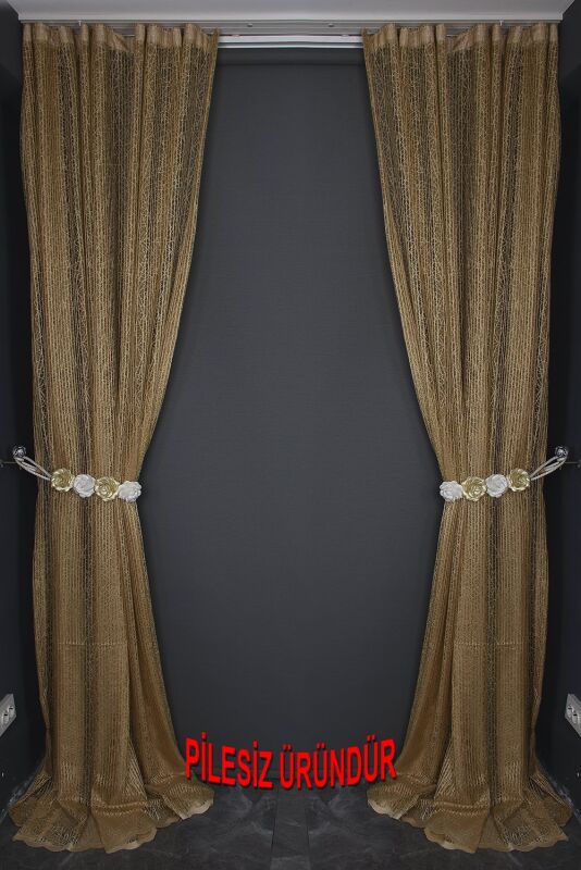ÇİZGİLİ MODEL GOLD RENK TEK KANAT PİLESİZ Hazır Fon Perde 200*260 cm - 9