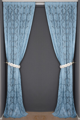 DAMAKS MAVİ RENK TEK KANAT Hazır dikilmiş Pileli Fon Perde 75*260 cm - 5