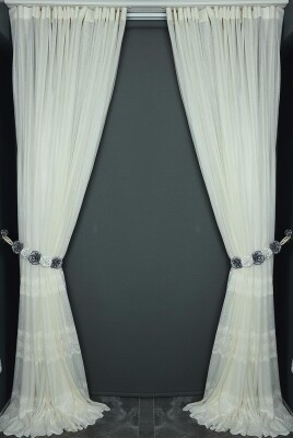 DANTEL MODEL KREM RENK TEK KANAT Hazır dikilmiş Pileli Fon Perde 300*260 cm - 7