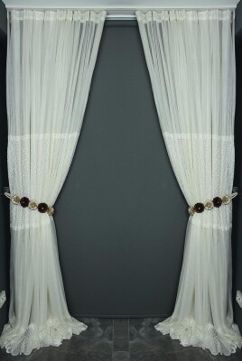 GÖBEKLİ DANTEL MODEL KREM RENK TEK KANAT Hazır dikilmiş Pileli Fon Perde 300*260 cm - 6