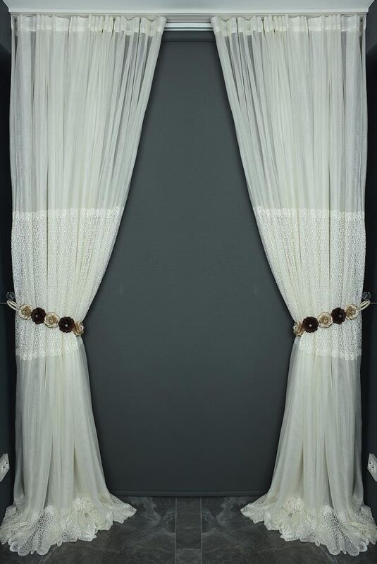 GÖBEKLİ DANTEL MODEL KREM RENK TEK KANAT Hazır dikilmiş Pileli Fon Perde 300*260 cm - 6