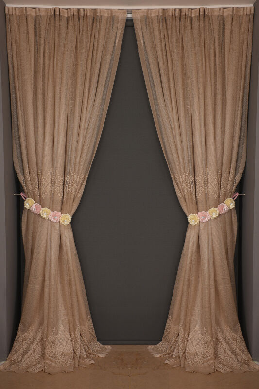 GÖBEKLİ MODEL VİZON RENK TEK KANAT Hazır dikilmiş Pileli Fon Perde 300*260 cm - 1