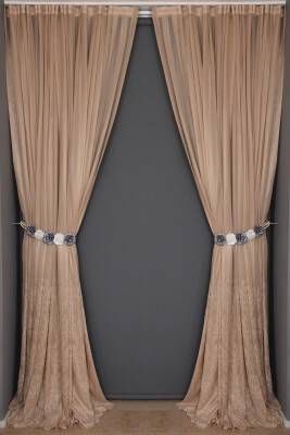 KÜÇÜK YAPRAK MODEL VİZON RENK TEK KANAT Hazır Pileli Fon Perde 300*260 - 1