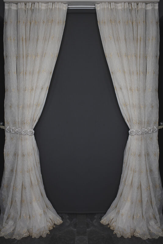 NAKIŞ 10 MODEL KREM RENK TEK KANAT Hazır dikilmiş Pileli Fon Perde 300*260 cm - 11