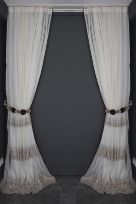 NAKIŞ 11 MODEL KREM RENK TEK KANAT Hazır dikilmiş Pileli Fon Perde 300*260 cm - 2