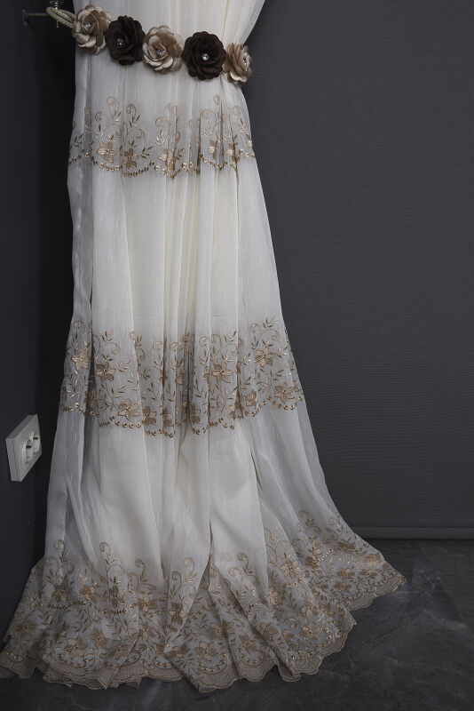 NAKIŞ 11 MODEL KREM RENK TEK KANAT Hazır dikilmiş Pileli Fon Perde 300*260 cm - 12