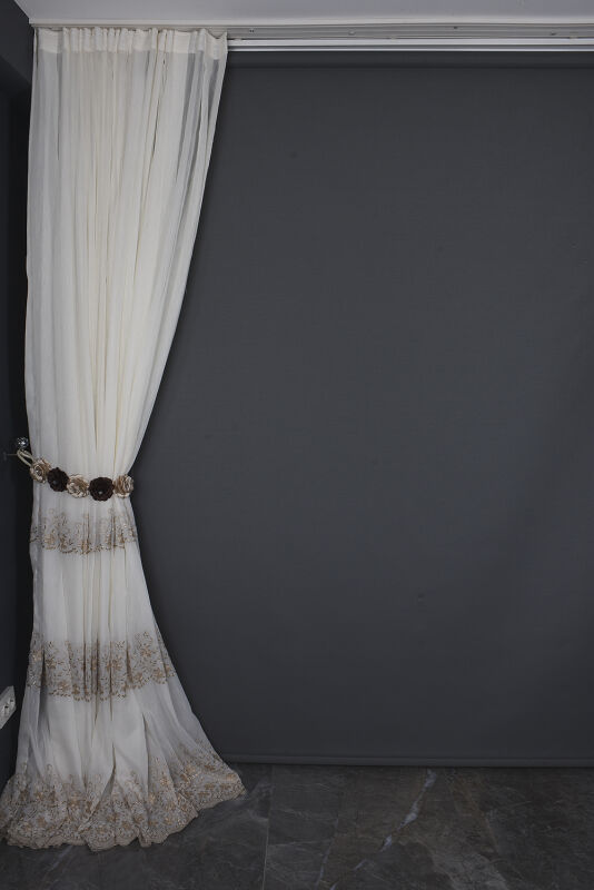 NAKIŞ 11 MODEL KREM RENK TEK KANAT Hazır dikilmiş Pileli Fon Perde 300*260 cm - 13