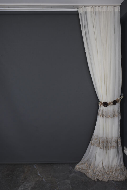 NAKIŞ 11 MODEL KREM RENK TEK KANAT Hazır dikilmiş Pileli Fon Perde 300*260 cm - 14