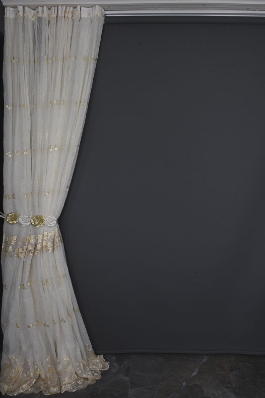 NAKIŞ 12 MODEL KREM RENK TEK KANAT Hazır dikilmiş Pileli Fon Perde 300*260 cm - 11