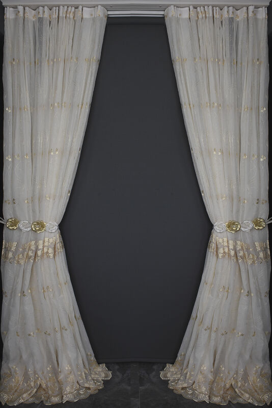 NAKIŞ 12 MODEL KREM RENK TEK KANAT Hazır dikilmiş Pileli Fon Perde 300*260 cm - 13