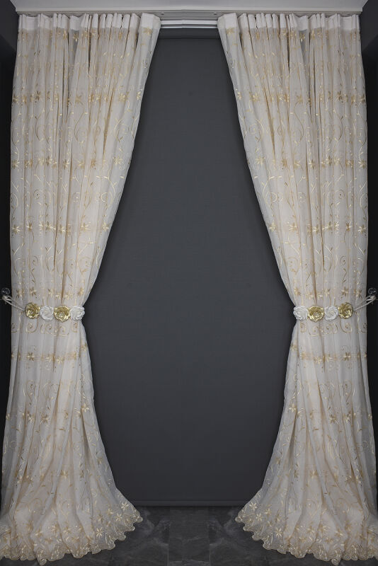 NAKIŞ 14 MODEL KREM RENK TEK KANAT Hazır dikilmiş Pileli Fon Perde 300*260 cm - 12