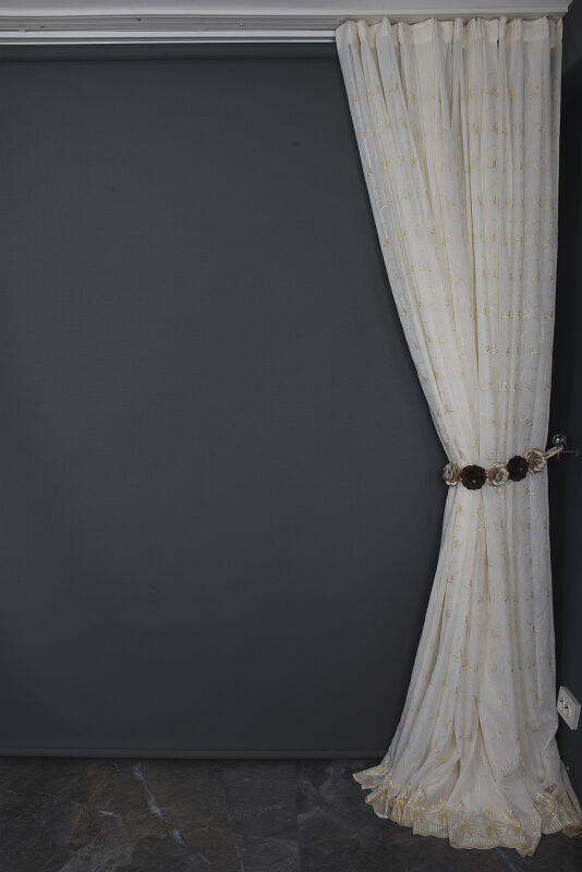 NAKIŞ 15 MODEL KREM RENK TEK KANAT Hazır dikilmiş Pileli Fon Perde 300*260 cm - 8