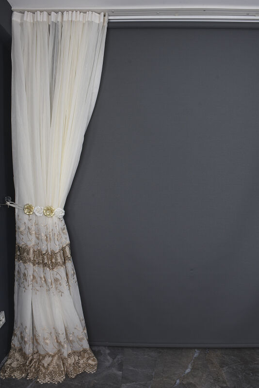 NAKIŞ 16 MODEL KREM RENK TEK KANAT Hazır dikilmiş Pileli Fon Perde 300*260 cm - 8