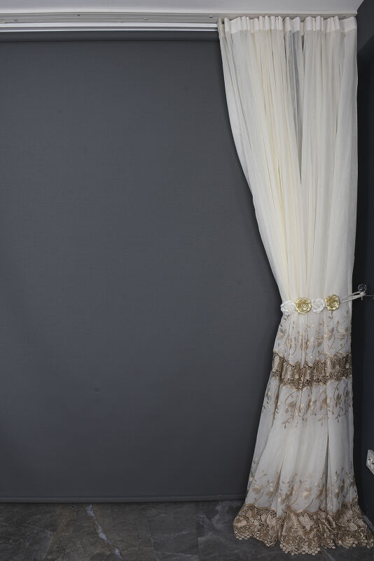 NAKIŞ 16 MODEL KREM RENK TEK KANAT Hazır dikilmiş Pileli Fon Perde 300*260 cm - 9