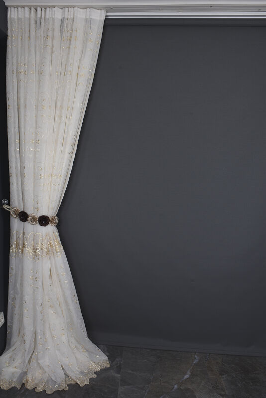 NAKIŞ 5 MODEL KREM KREM RENK TEK KANAT Hazır dikilmiş Pileli Fon Perde 300*260 cm - 14