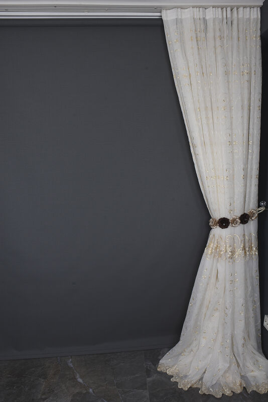 NAKIŞ 5 MODEL KREM KREM RENK TEK KANAT Hazır dikilmiş Pileli Fon Perde 300*260 cm - 15