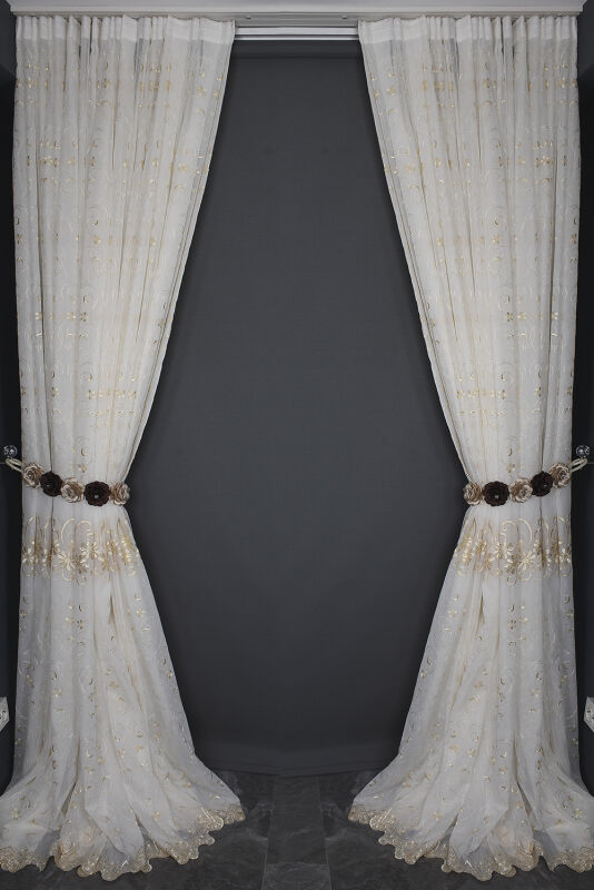 NAKIŞ 5 MODEL KREM KREM RENK TEK KANAT Hazır dikilmiş Pileli Fon Perde 300*260 cm - 16