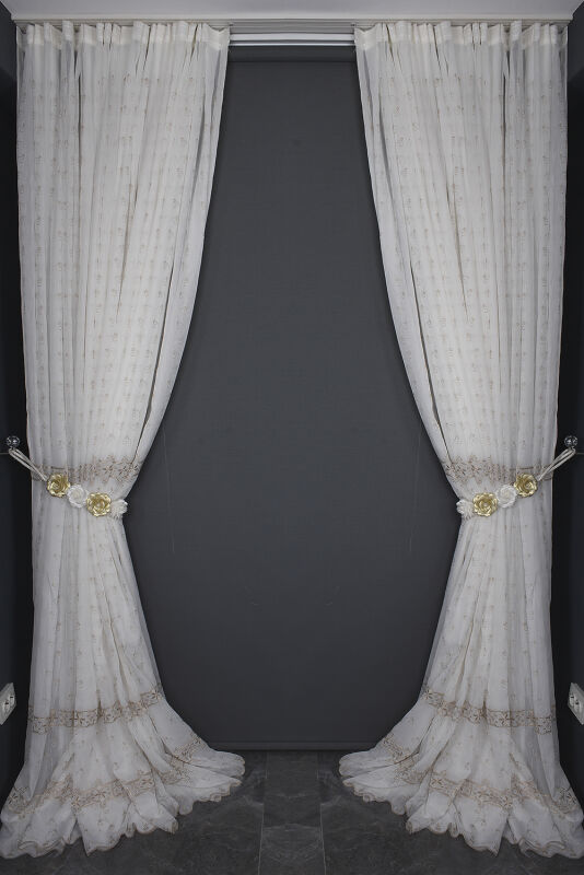 NAKIŞ 8 MODEL KREM RENK TEK KANAT Hazır dikilmiş Pileli Fon Perde 300*260 cm - 11