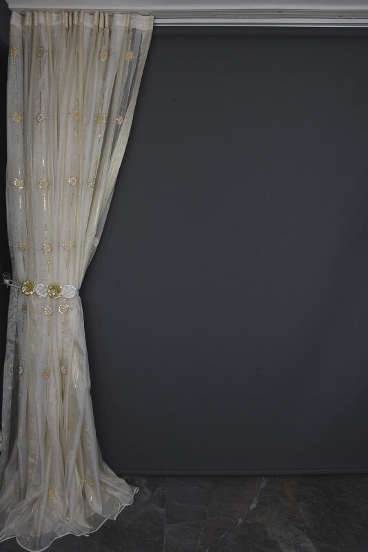 ORGANZE 1050 NAKIŞLI PULLU KREM RENK 5_3 Hazır dikilmiş Pileli Fon Perde 300*260 cm - 10
