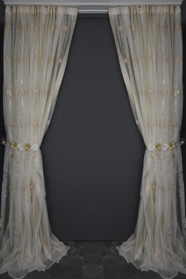 ORGANZE 1050 NAKIŞLI PULLU KREM RENK 5_3 Hazır dikilmiş Pileli Fon Perde 300*260 cm - 12