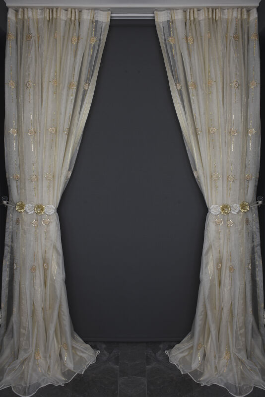 ORGANZE 1050 NAKIŞLI PULLU KREM RENK 5_3 Hazır dikilmiş Pileli Fon Perde 300*260 cm - 12
