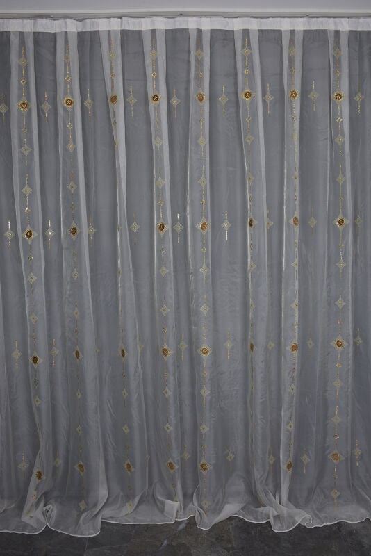 ORGANZE 1150 NAKIŞLI PULLU KREM RENK 5_3 Hazır dikilmiş Pileli Fon Perde 300*260 cm - 1