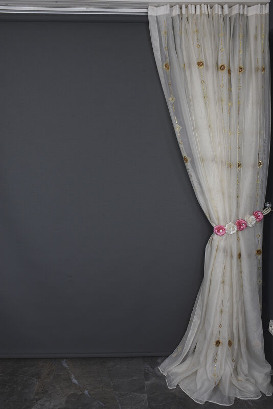 ORGANZE 1150 NAKIŞLI PULLU KREM RENK 5_3 Hazır dikilmiş Pileli Fon Perde 300*260 cm - 14