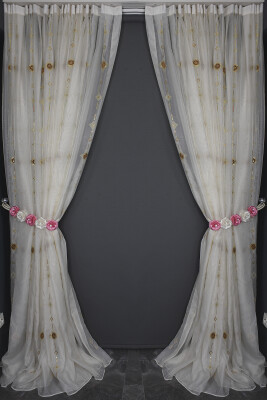 ORGANZE 1150 NAKIŞLI PULLU KREM RENK 5_3 Hazır dikilmiş Pileli Fon Perde 300*260 cm - 15