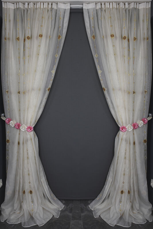 ORGANZE 1150 NAKIŞLI PULLU KREM RENK 5_3 Hazır dikilmiş Pileli Fon Perde 300*260 cm - 15
