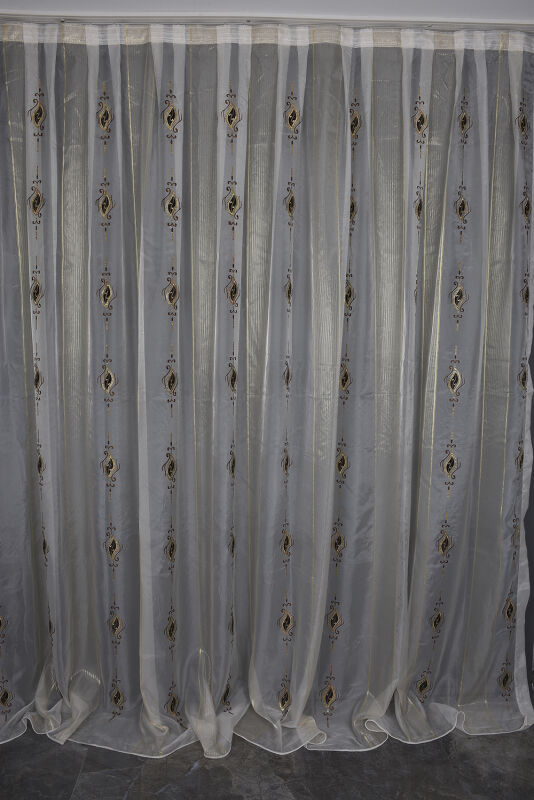 ORGANZE 1350 NAKIŞLI PULLU KREM RENK 5_3 Hazır dikilmiş Pileli Fon Perde 300*260 cm - 1
