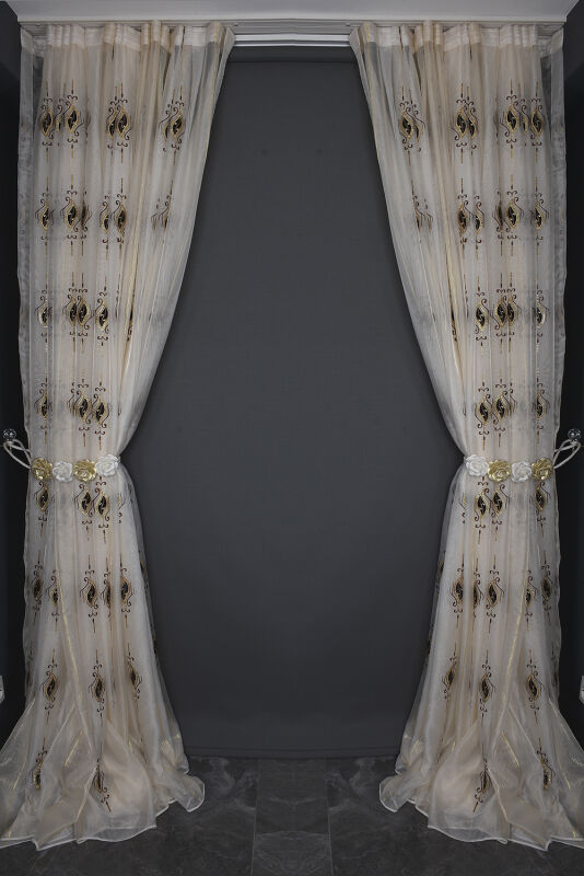 ORGANZE 1350 NAKIŞLI PULLU KREM RENK 5_3 Hazır dikilmiş Pileli Fon Perde 300*260 cm - 13