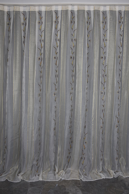 ORGANZE 1450 NAKIŞLI PULLU KREM RENK 5_3 Hazır dikilmiş Pileli Fon Perde 300*260 cm - 1