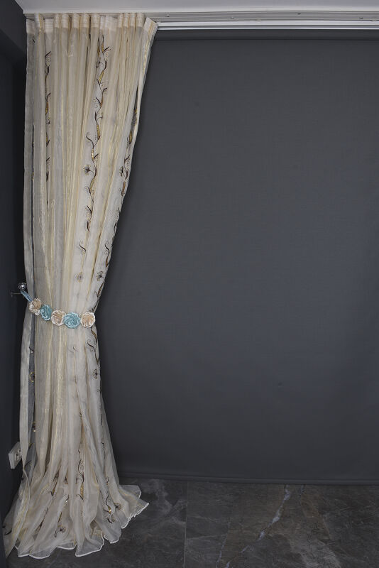 ORGANZE 1450 NAKIŞLI PULLU KREM RENK 5_3 Hazır dikilmiş Pileli Fon Perde 300*260 cm - 12