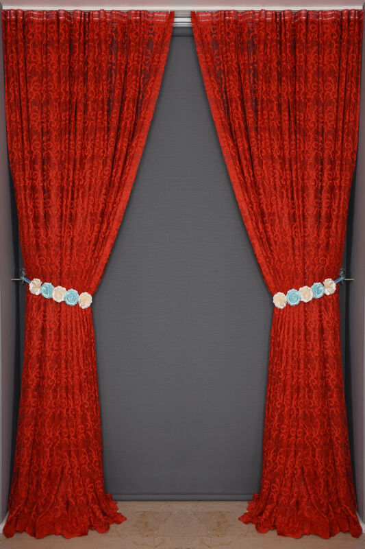 ŞAL KIRMIZI RENK TEK KANAT Hazır dikilmiş Pileli Fon Perde 300*260 cm - 7