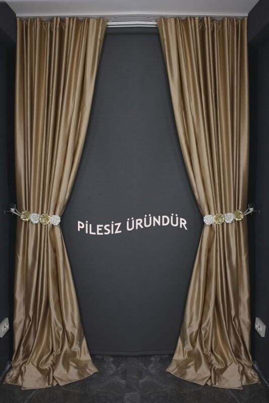 SATEN FONLUK PİLESİZ GOLD RENK TEK KANAT FON PERDE En 200 Cm Boy 260 Cm - 10