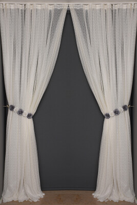 SEYREK NOKTALI MODEL KREM RENK TEK KANAT Hazır Pileli Fon Perde 300*260 - 1