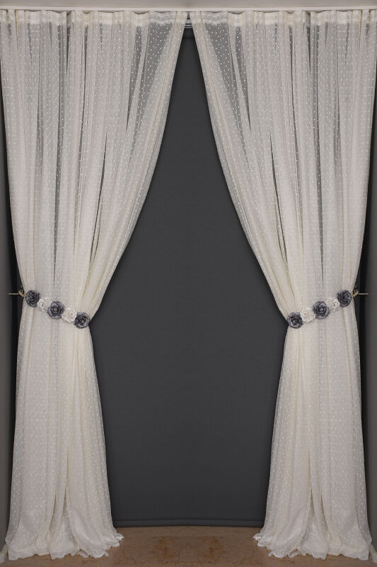 SEYREK NOKTALI MODEL KREM RENK TEK KANAT Hazır Pileli Fon Perde 300*260 - 1