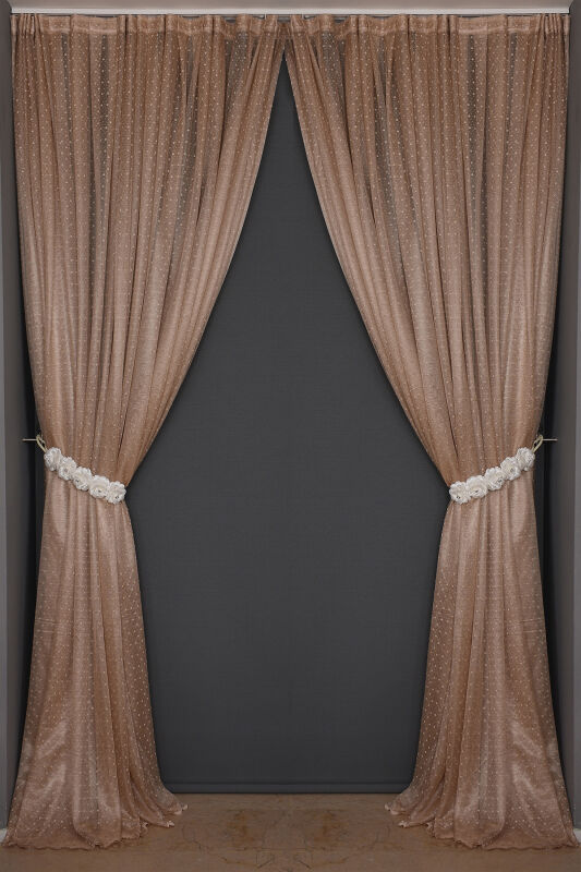 SEYREK NOKTALI MODEL VİZON RENK TEK KANAT Hazır Pileli Fon Perde 300*260 - 1