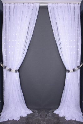 TERGAL BEYAZ KARELİ KIRIK BEYAZ RENK TEK KANAT Hazır Dikilmiş Pileli Fon Perde 300*260 Cm - 2