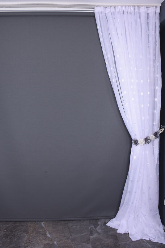 TERGAL BEYAZ KARELİ KIRIK BEYAZ RENK TEK KANAT Hazır Dikilmiş Pileli Fon Perde 300*260 Cm - 9