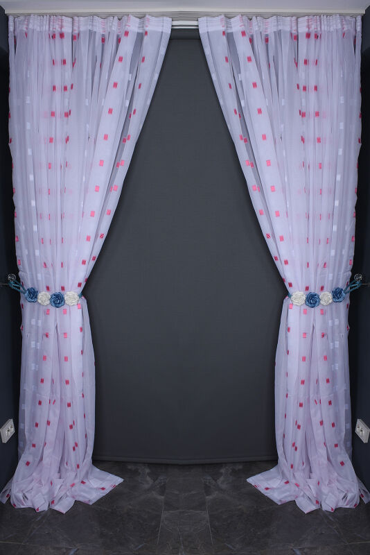 TERGAL FUŞYA KARELİ BEYAZ RENK TEK KANAT Hazır Dikilmiş Pileli Fon Perde 300*260 Cm - 8