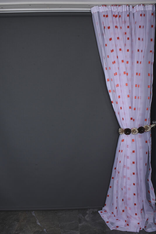 TERGAL KARELİ KIRMIZI RENK TEK KANAT Hazır Dikilmiş Pileli Fon Perde 300*260 Cm - 11