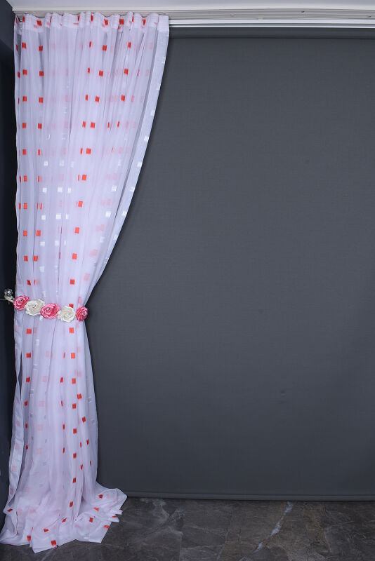 TERGAL KIRMIZI-BEYAZ KARELİ BEYAZ RENK TEK KANAT Hazır Dikilmiş Pileli Fon Perde 300*260 Cm - 9